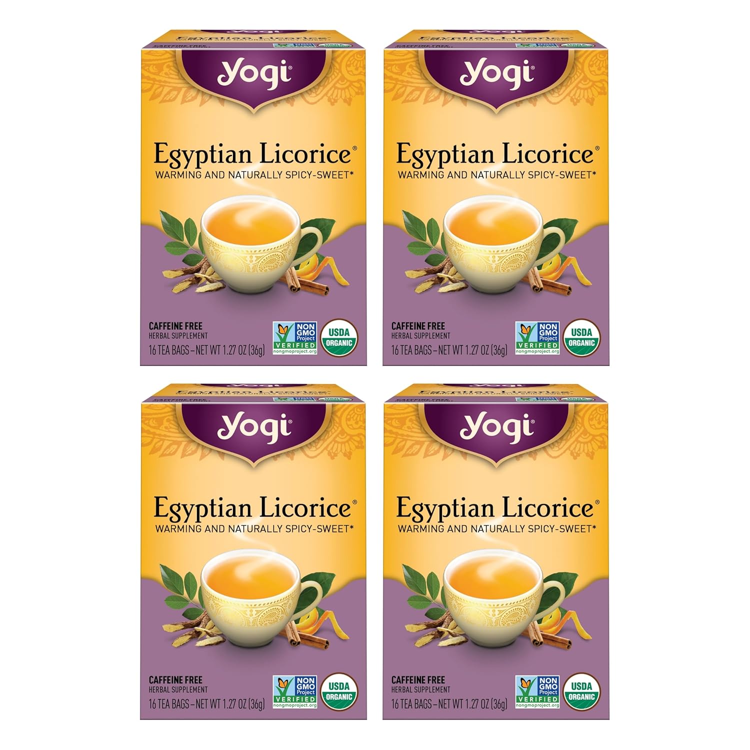 Yogi Tea Egyptian Licorice Tea - 16 Tea Bags Per Pack (4 Packs) - Organic Licorice Tea Bags - Includes Licorice Root, Cinnamon Bark, Orange Peel, Ginger Root, Cardamom Pod & More