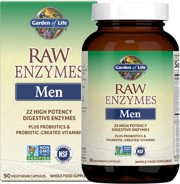 Garden of Life 22 Digestive Enzymes for Men with Bromelain, Papain & Lactase Plus Probiotics & Whole Food Vitamins B12, Biotin & Zinc ? RAW Enzymes ? Non-GMO, Gluten-Free, Vegetarian, 90 Capsules