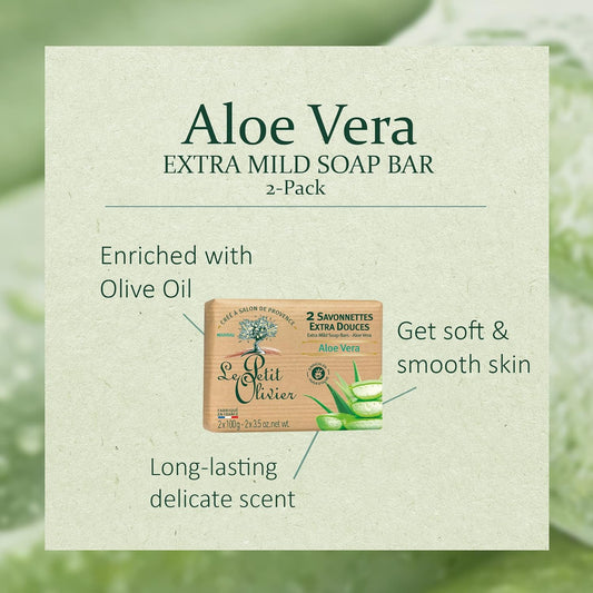 Extra Mild Soap Bars - Aloe Vera - Gently Cleanses Skin - Delicately Perfumed - Vegetable Origin-Based - 2 Pc