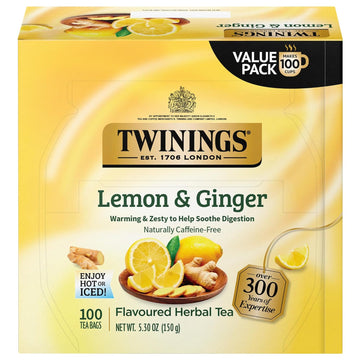 Twinings Lemon & Ginger Herbal Tea, 100 Individually Wrapped Tea Bags, Tangy Lemon, Spicy Ginger, Naturally Caffeine Free, Enjoy Hot Or Iced