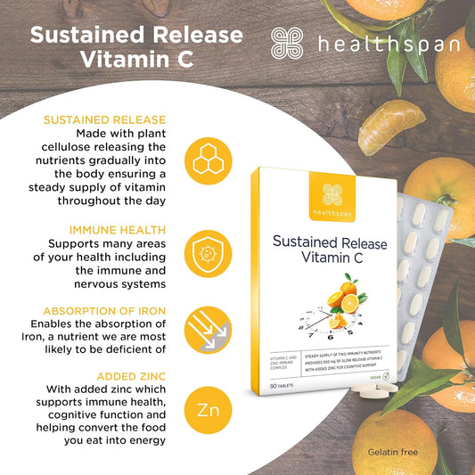 Healthspan Vitamin C Sustained Release 500Mg (3 Months' Supply) | To Support Your Immune And Nervous Systems | Added Zinc To Support Cognitive Function | Vegan