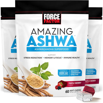 FORCE FACTOR Amazing Ashwa for Stress Relief, Memory, Focus, and Immune Support Health, Ashwaganda Supplement with KSM-66 Ashwagandha for Stress, 180 Soft Chews