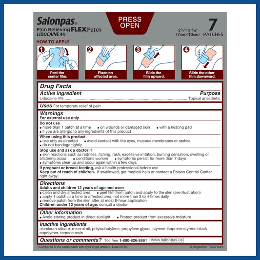 Salonpas Maximum OTC Strength Lidocaine 4% Pain Relieving FLEX Patch, Apply for Up To 8 Hours, Unscented, Thin, Flexible, Lightweight, Patch Stays in Place, 7 Patches