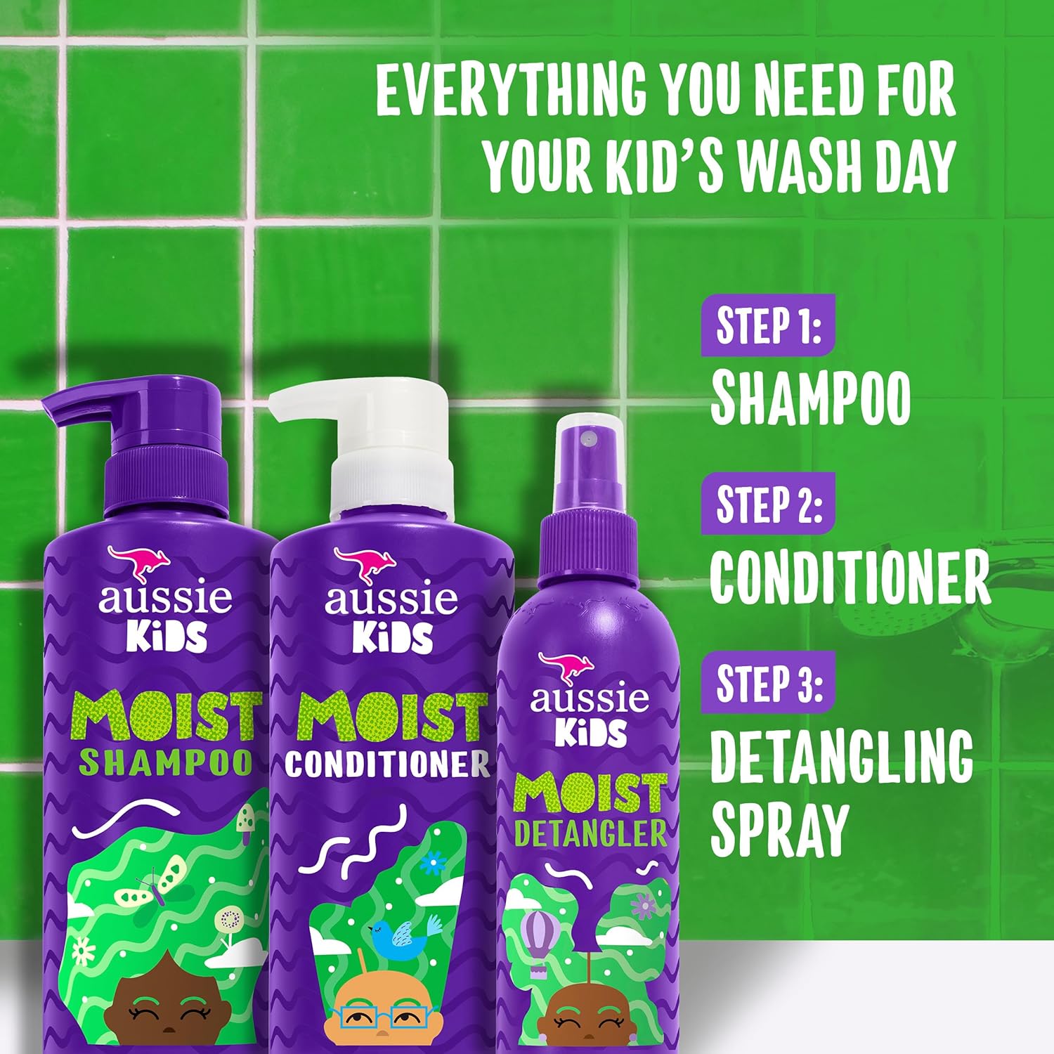 Aussie Kids Hair Care Bundle Set Including: Shampoo (16 Fl Oz), Conditioner (16 Fl Oz) & Detangler Spray (8 Fl Oz), Paraben- Freem Sulfate-Free, Dye-Free, Cruelty-Free, Tangle-Free Styling : Beauty & Personal Care