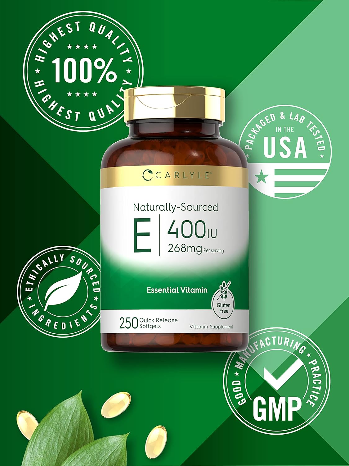 Carlyle Vitamin E 400 IU Softgels | 250 Count | Naturally Sourced | Non-GMO and Gluten Free : Health & Household