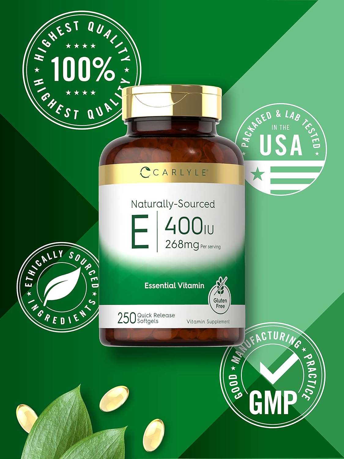 Carlyle Vitamin E 400 IU Softgels | 250 Count | Naturally Sourced | Non-GMO and Gluten Free : Health & Household