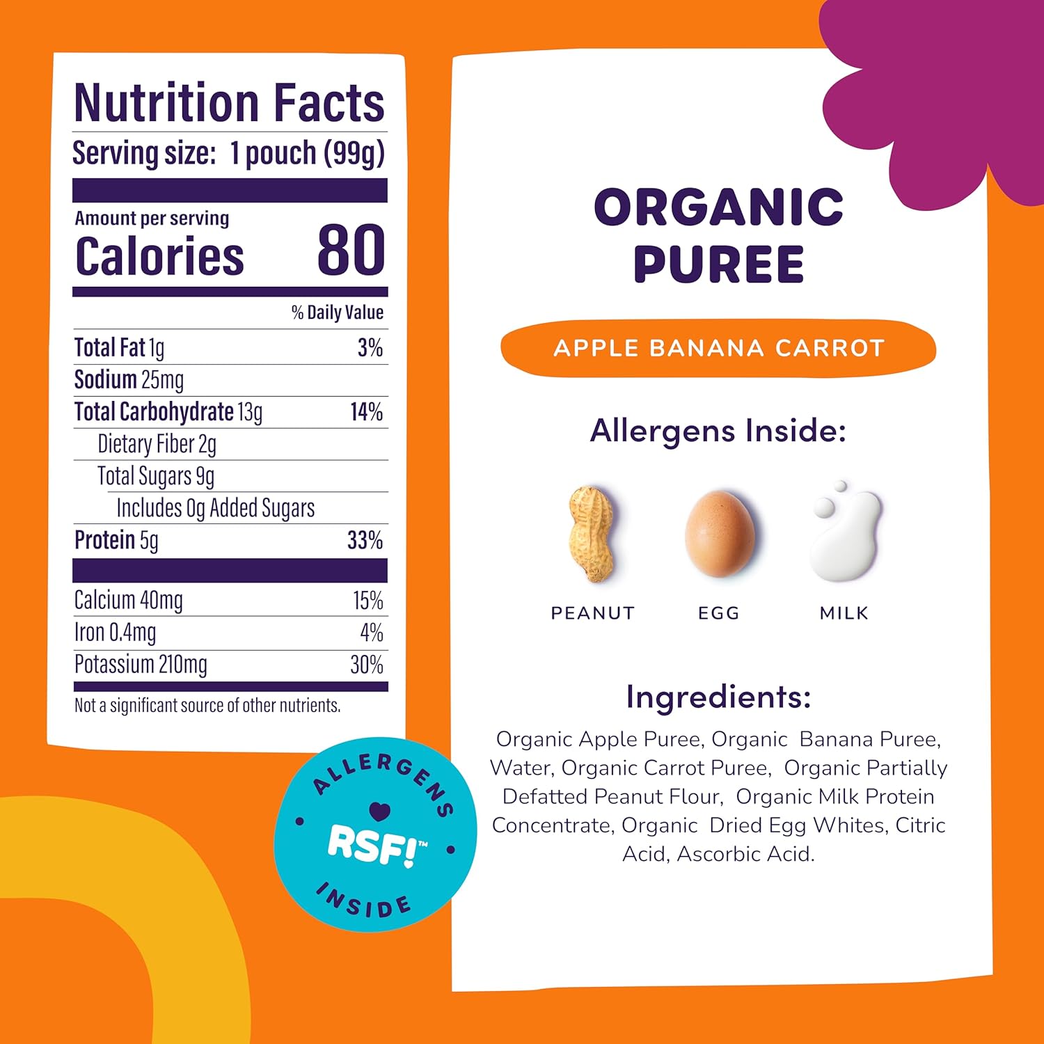 Ready Set Food Organic Puree Pouch – Organic Baby Food Squeeze Pouch with Top 3 Allergens for Baby Allergen Introduction, Includes Organic Peanuts, Egg, and Milk (Apple Banana Carrot, 6 count) : Baby