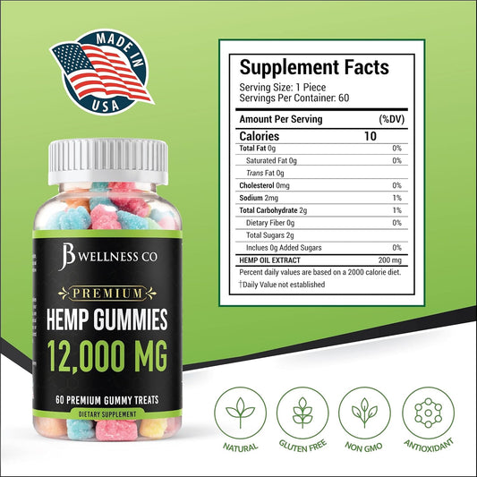 Jb Wellness Co [2-Pack] – Hemp Gummies Premium 12,000 – Inflammation – Vitamins & Omega 3,6,9 – Made In The Usa (120 Count) – [2-Pack] : Health & Household