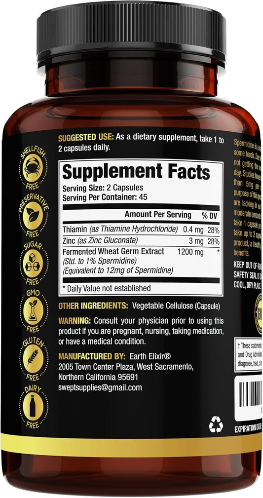 Spermidine Supplements 1200Mg (90 Capsules) – Anti Aging - 3Rd Party Tested (12Mg Spermidine Powder) Max Purity - 100% Pure Espermidina- Fermented Wheat Germ Extract - Nmn Alternative
