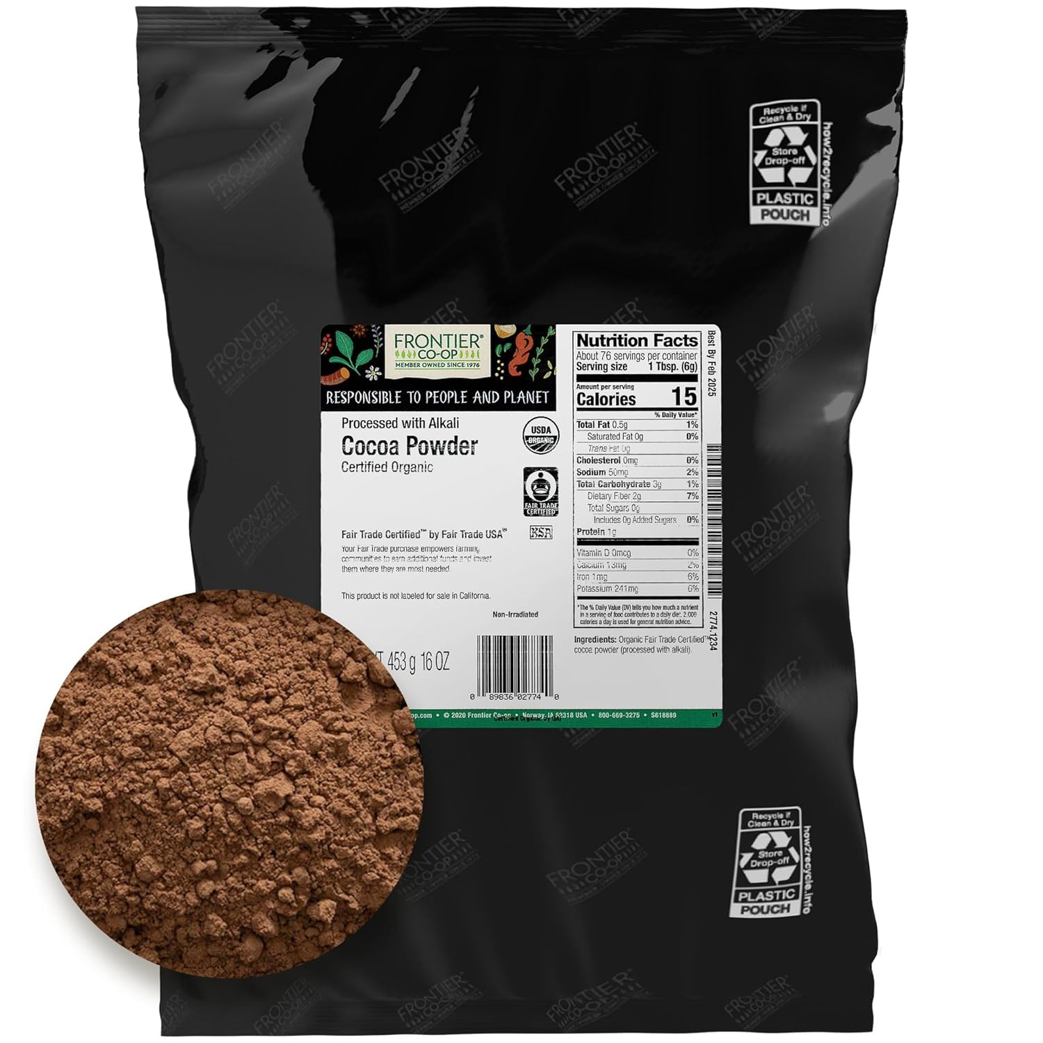 Frontier Co-Op Organic, Fair Trade Certified Cocoa Powder, 1 Pound Bulk Bag