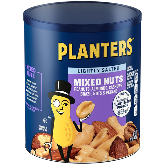 Planters Lightly Salted Mixed Nuts - Less Than 50% Peanuts - Peanuts, Almonds, Cashews, Hazelnuts, And Pecans, 15 Oz Canister (Pack Of 6)