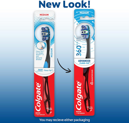 Colgate 360 Advanced Floss-Tip Bristles Toothbrush, Medium Toothbrush, 1 Pack