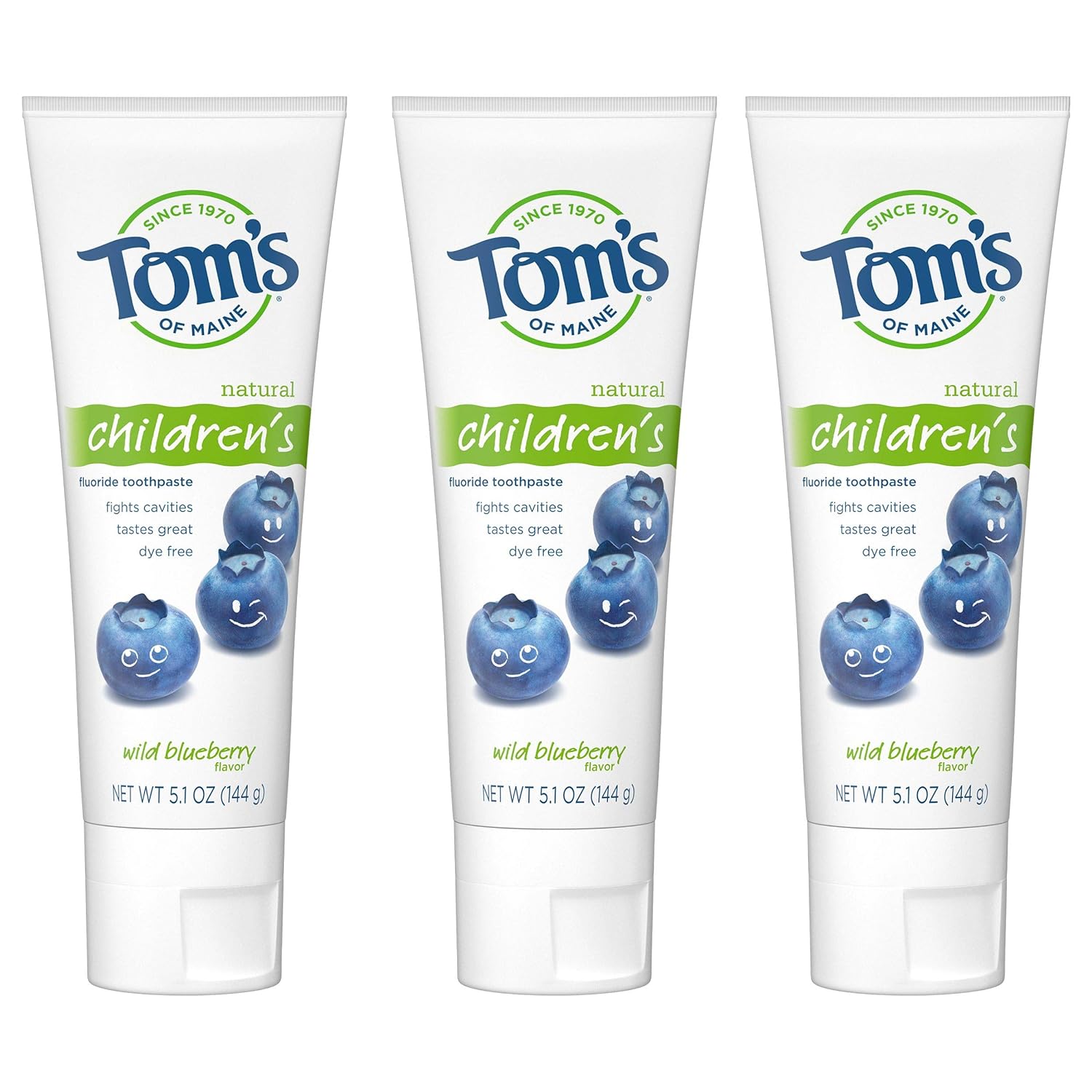 Tom's of Maine Fluoride Children's Toothpaste, Natural Toothpaste, Dye Free, No Artificial Preservatives, Wild Blueberry, 5.1 oz. 3-Pack (Packaging May Vary)