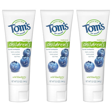 Tom's of Maine Fluoride Children's Toothpaste, Natural Toothpaste, Dye Free, No Artificial Preservatives, Wild Blueberry, 5.1 oz. 3-Pack (Packaging May Vary)