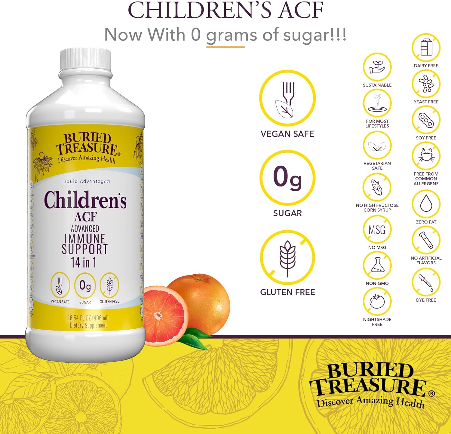 Buried Treasure Childrens ACF Advanced Immune Support, Cherry Flavor, 16oz w/Dose Cup, Immune Booster Supplement for Kids, Liquid Herbal Immunity Formula w/Vitamin C Elderberry Enchinacea Zinc : Health & Household