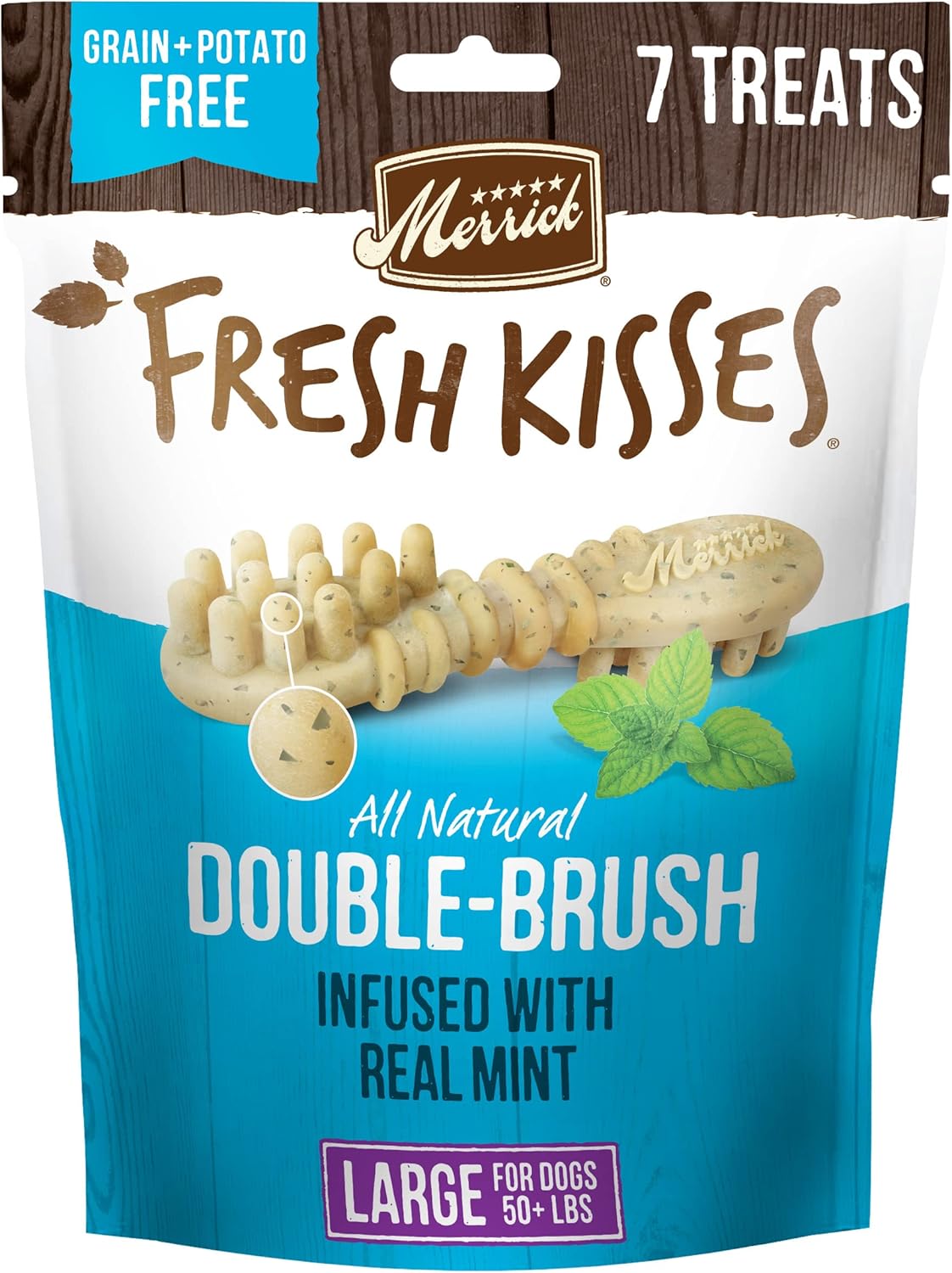 Merrick Fresh Kisses Natural Dental Chews, Toothbrush Shape Treat Infused With Real Mint, For Large Dogs - 7 Ct. Bag