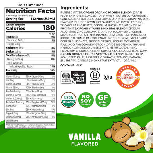 Orgain Organic Kids Nutritional Protein Shake, Vanilla, Healthy Kids Snacks, 8G Dairy Protein, 3G Fiber, 22 Vitamins & Minerals, No Soy Ingredients, 8.25 Fl Oz (Packaging May Vary) (4 Pack)