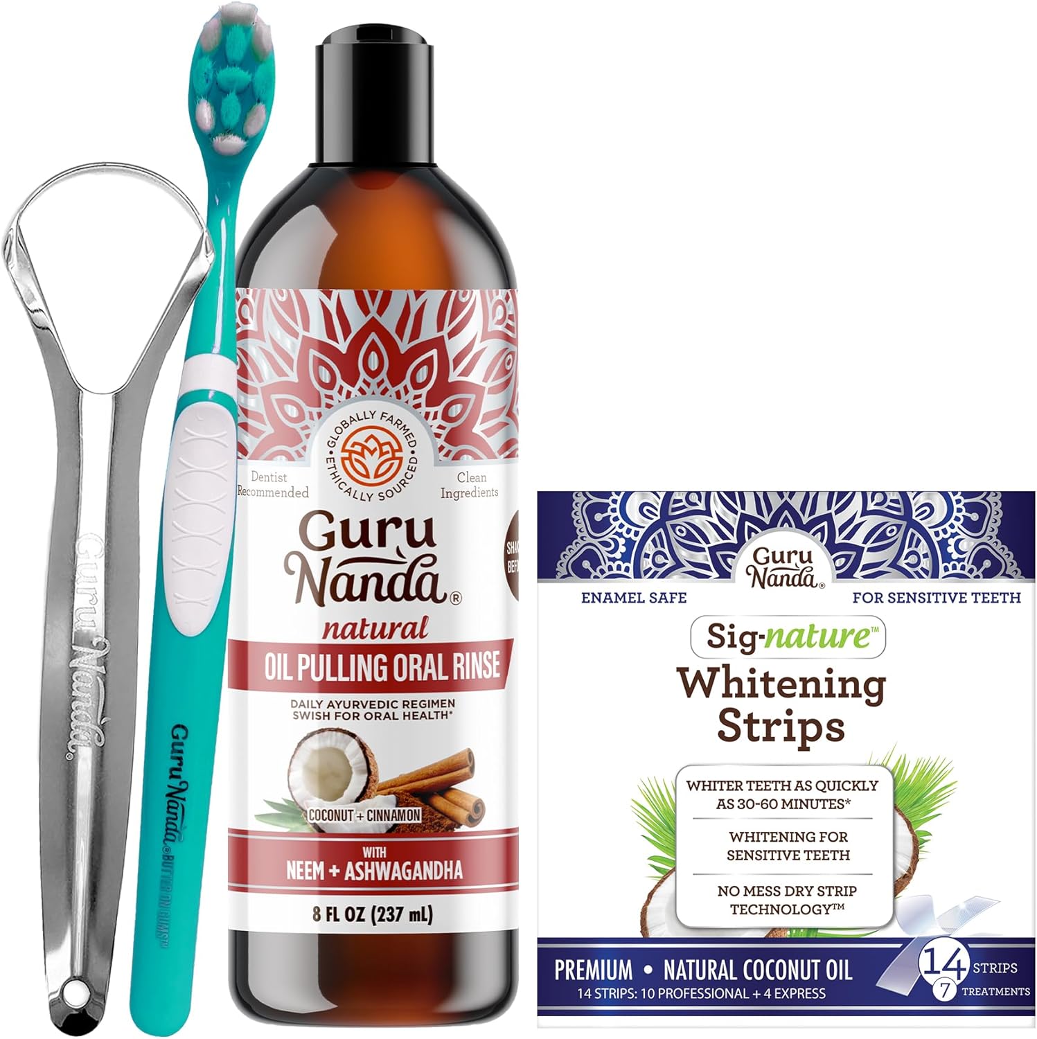 Gurunanda Ashwagandha Oil Pulling (8 Fl Oz) - 100% Pure Blend Of Coconut With Essential Oils & Vitamins And Teeth Whitening Strips (7 Treatments)