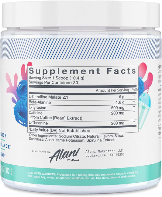 Alani Nu Pre Workout Powder Blue Slush | Amino Energy Boost | Endurance Supplement | Sugar Free | 200Mg Caffeine | L-Theanine, Beta-Alanine, Citrulline | 30 Servings