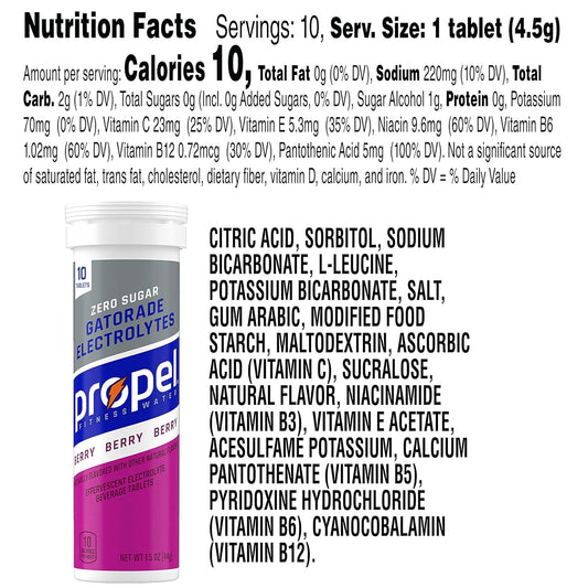 Propel Fitness Water Tablets, Berry, 10 Count Tube, (Pack Of 8)