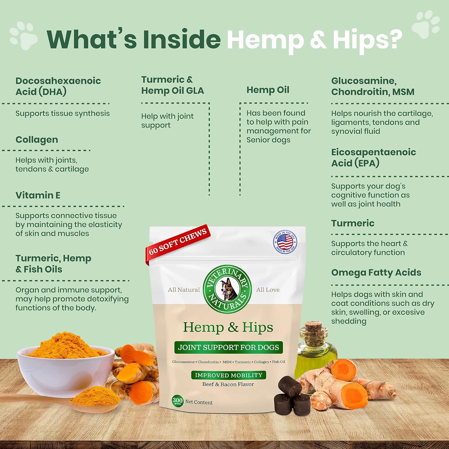 Vet Naturals Hemp & HIPS - Dog Joint Supplement Large Breed - Senior Dog Supplements - Glucosamine and Chondroitin Supplement for Large Dog - MSM & USA Grown Hemp Oil (60ct-Beef and Bacon) : Pet Supplies
