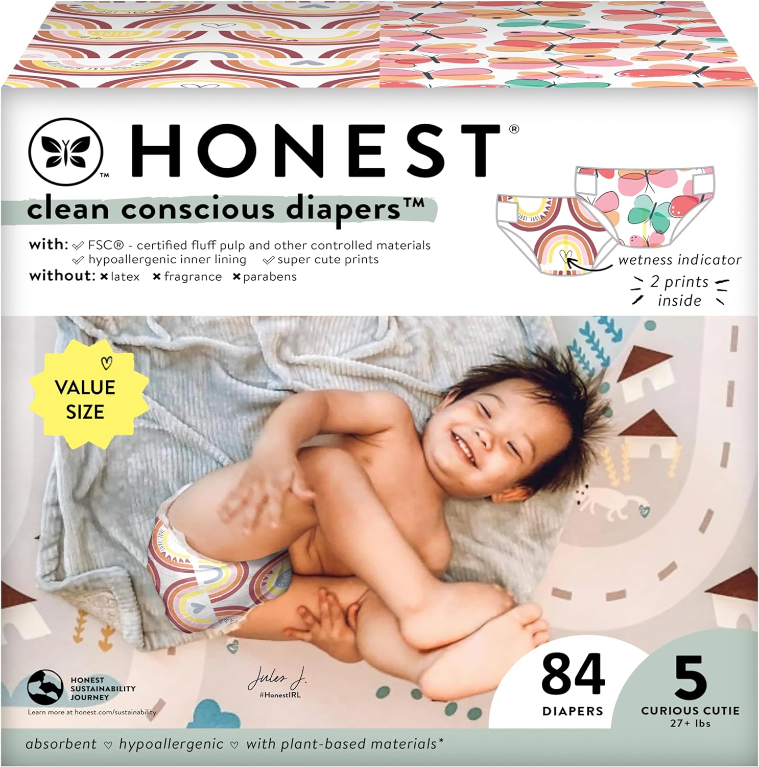 The Honest Company Clean Conscious Diapers | Plant-Based, Sustainable | Wingin' It + Catching Rainbows | Super Club Box, Size 5 (27+ Lbs), 84 Count