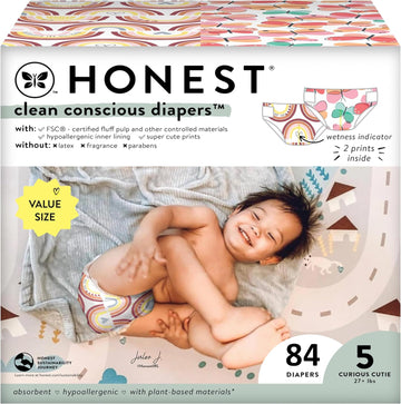 The Honest Company Clean Conscious Diapers | Plant-Based, Sustainable | Wingin' It + Catching Rainbows | Super Club Box, Size 5 (27+ Lbs), 84 Count