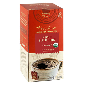 Teeccino Reishi Eleuthero Tea - French Roast - Organic Mushroom Adaptogenic Herbal Tea, 3X More Herbs Than Regular Tea Bags, Caffeine Free, Chicory Prebiotic - 25 Tea Bags