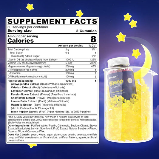 Melatonin Free Sleep Aid Gummies For Adults, Sugar Free Sleeping Gummy No Melatonin, Natural Calm Gummies With Magnesium Glycinate, L-Tryptophan, L-Theanine, Gaba, Ashwagandha, Valerian, 120Cts