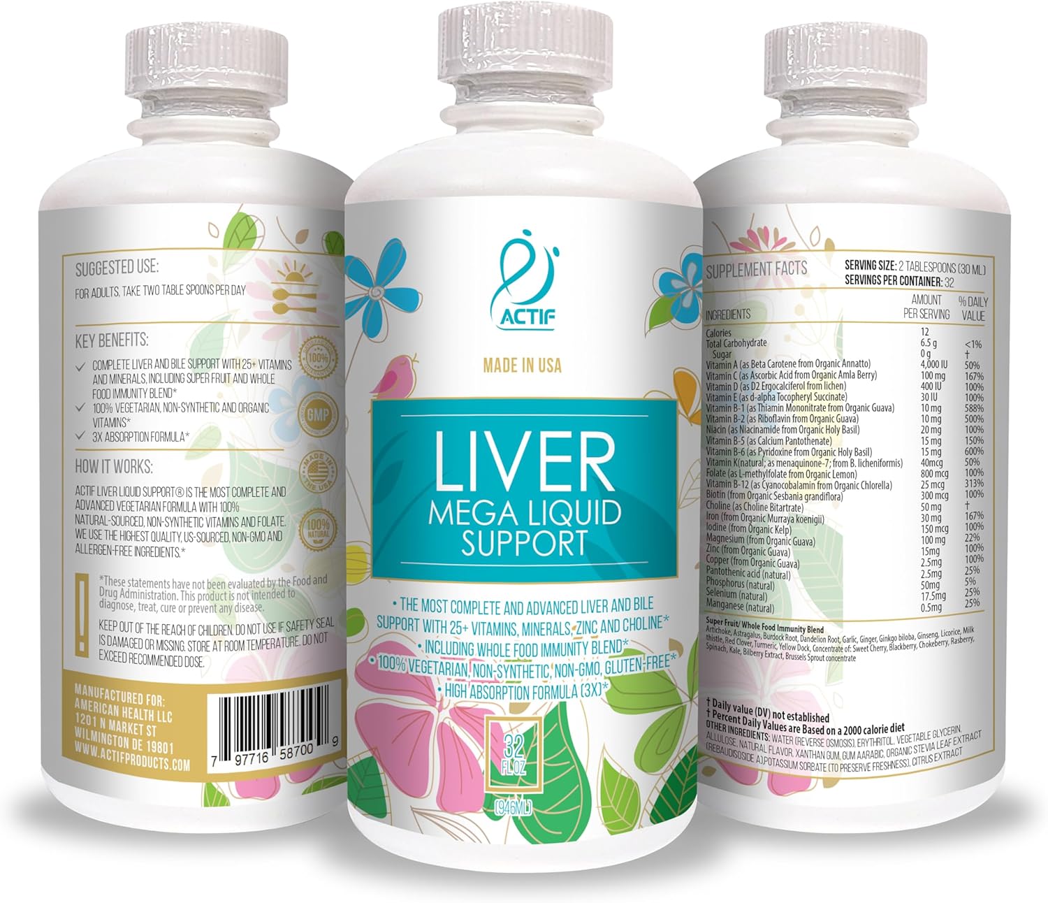 Actif Liver Mega Liquid Support - Complete Liver And Bile Maximum Strength Supplement, Non-Gmo, Made In Usa, 32Oz
