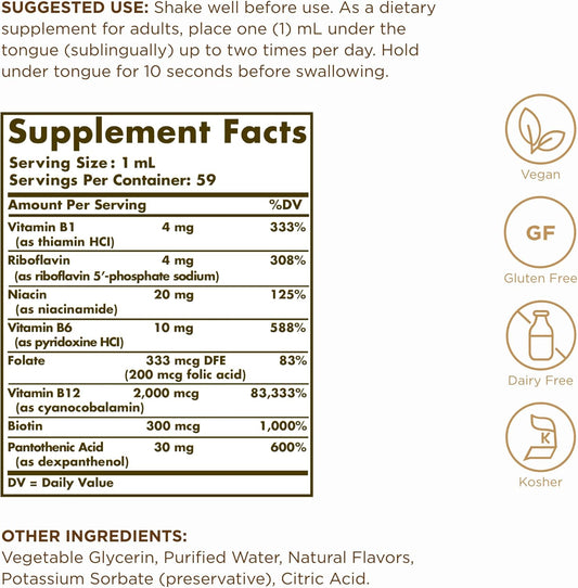 Solgar Sublingual Liquid B-12 2000 Mcg With B-Complex - 2 Fl Oz - Supports Production Of Energy, Red Blood Cells, Healthy Nervous System & Heart Health - Vegan, Gluten Free - 59 Total Servings