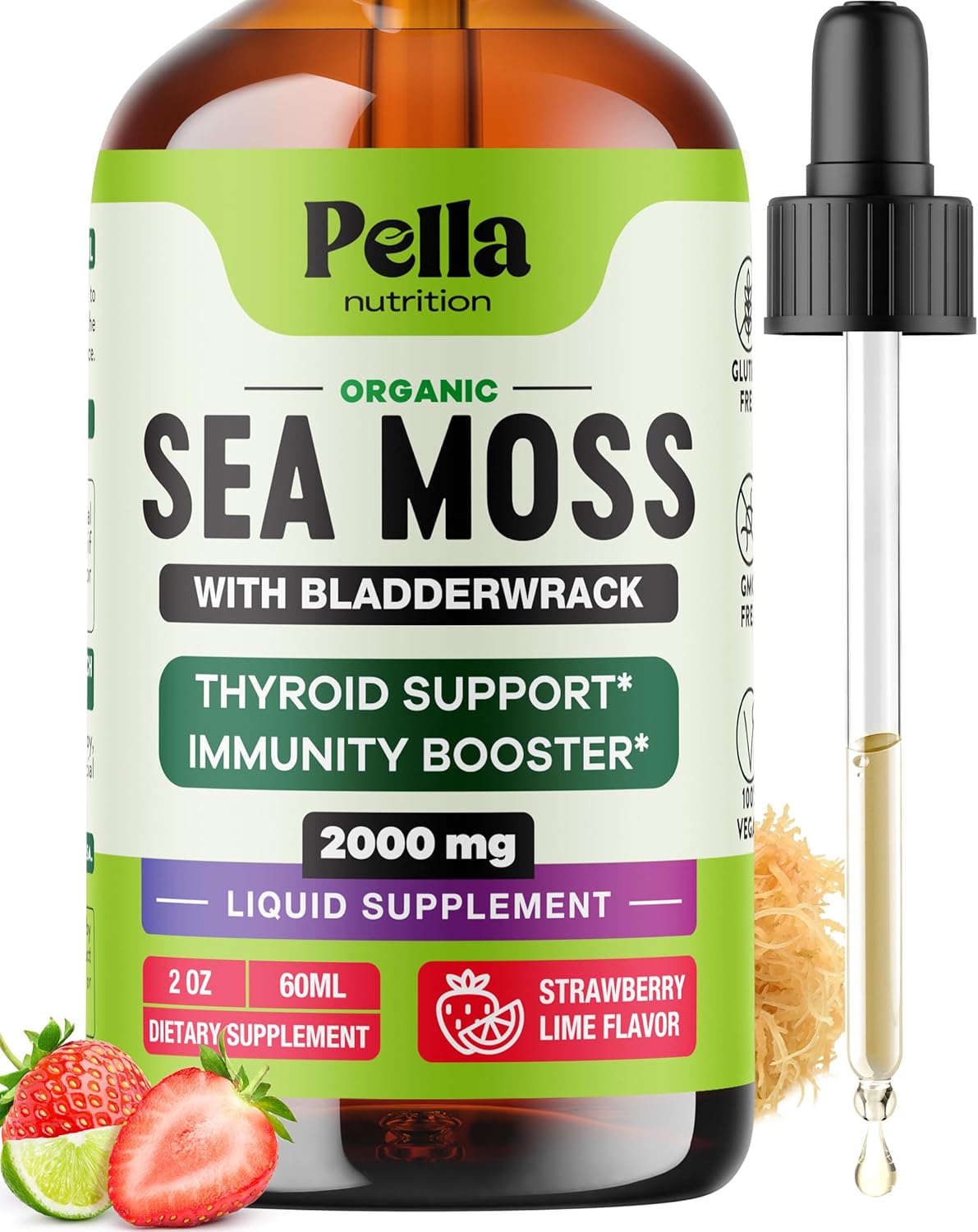 Pella Nutrition Organic Sea Moss Drops - 4X Stronger Than Irish Sea Moss Gel, Capsules And Gummies - Joint Support - Superfood Supplement - Immune Support Supplement (Strawberry Lime, 60Ml)