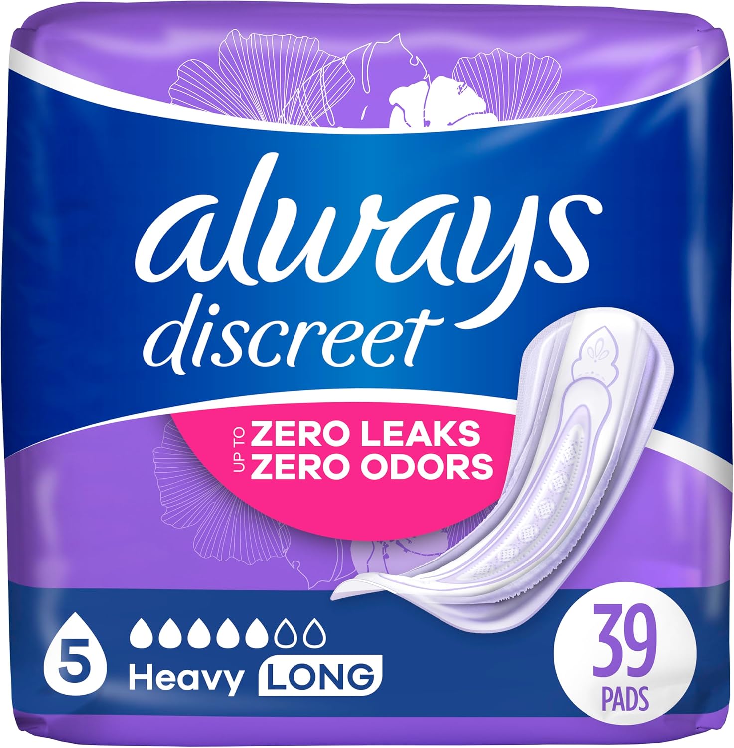 Always Discreet, Incontinence Pads For Women, Maximum, Long Length (Packaging May Vary), Purple, 39 Count