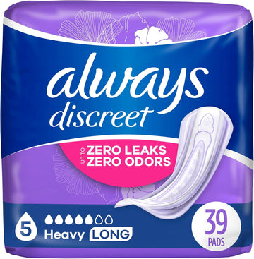 Always Discreet, Incontinence Pads For Women, Maximum, Long Length (Packaging May Vary), Purple, 39 Count