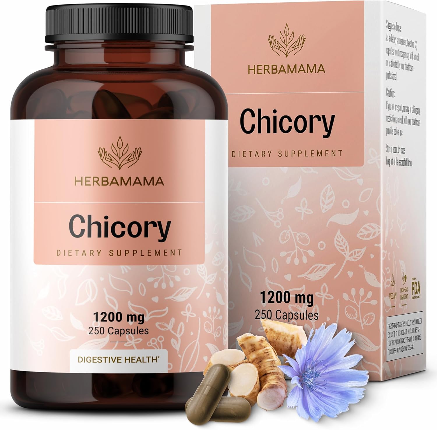 Herbamama Chicory Inulin Capsules - 1200 Mg Chicory Root For Digestive Health - Inulin Prebiotic Fiber Gut Cleanse Supplement - Vegan, Non-Gmo - 250 Caps