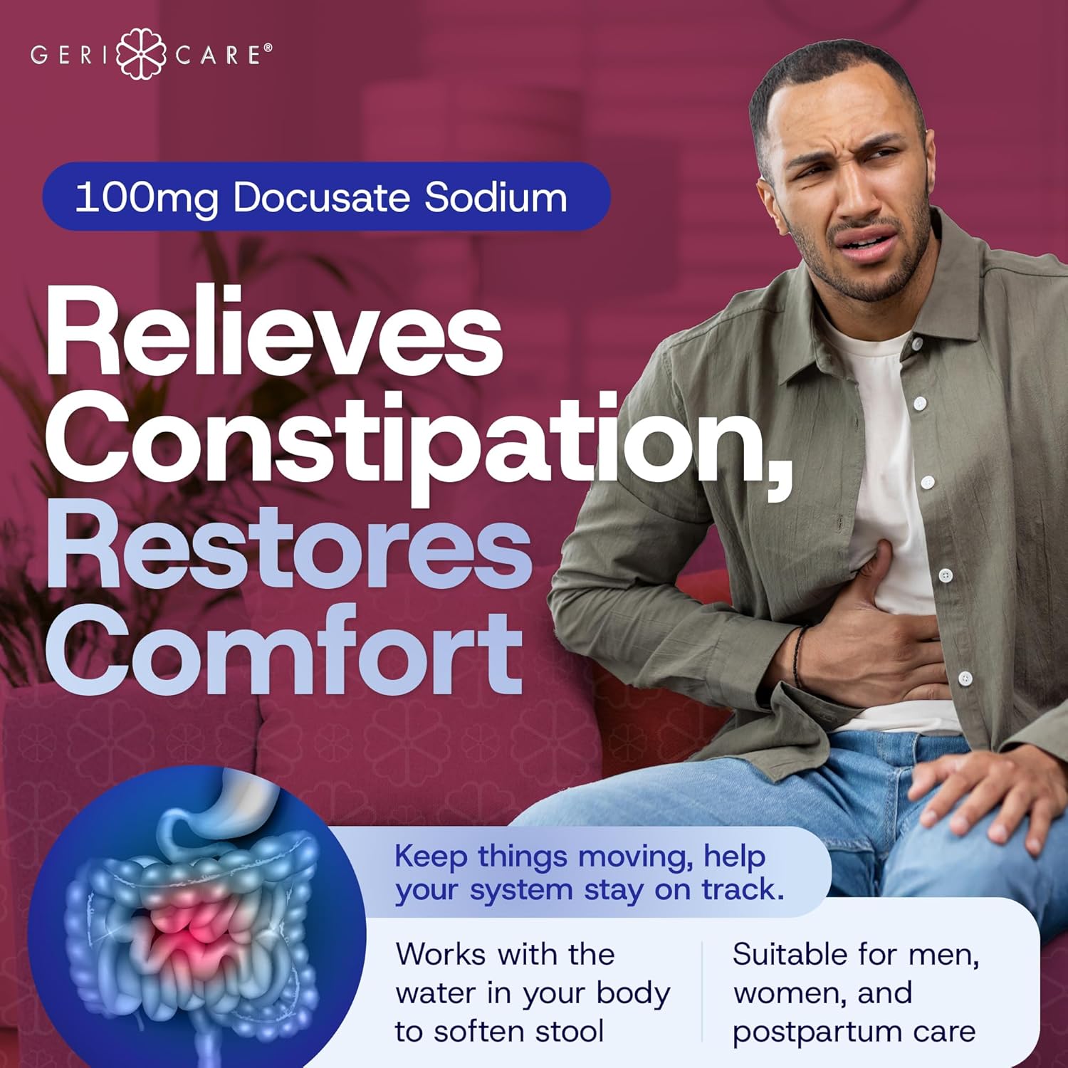 Gericare Docusate Sodium Stool Softeners, Best Stool Softener For Daily Use For Women, Men, And Elderly - Ideal For Constipation Relief 100Mg Crushable Tablets. (200 Count) Made In The Usa. : Health & Household