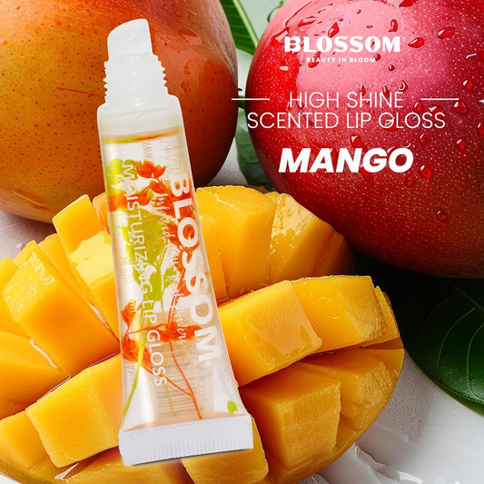 Blossom Lip Gloss Tubes, Mango Scented Thick Clear High Shine Moisturizing Flower Lip Gel With Nourishing Jojoba Seed Oil, Infused With Real Flowers, 0.3Oz, Mango