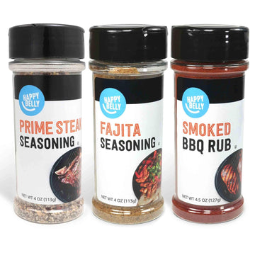 Amazon Brand - Happy Belly Grilling Spices Set, Prime Steak, Smoked Bbq And Fajita Seasoning, 3 Piece Assortment