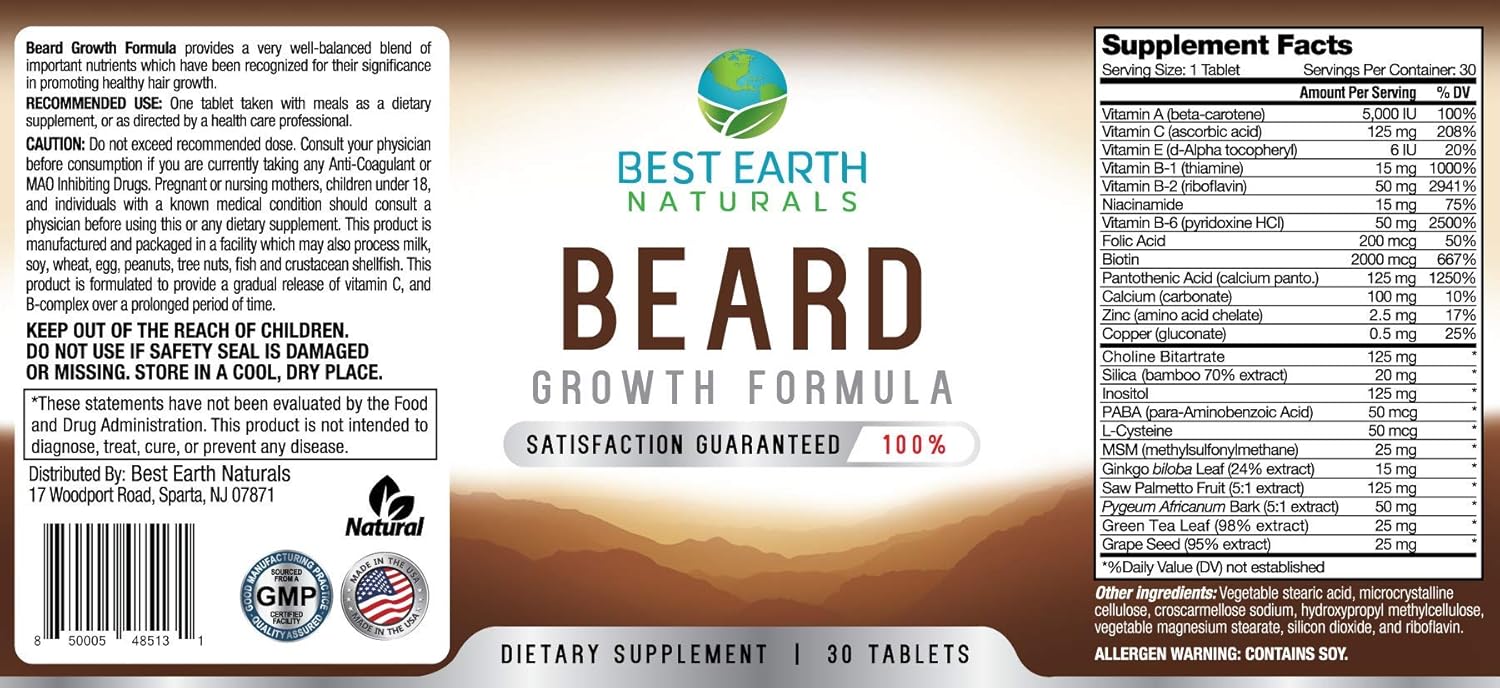 Best Earth Naturals Beard Growth Formula For Men Vitamins, Nutrients, Biotin, Saw Palmetto, And Paba For Facial Hair Growth 30 Count : Beauty & Personal Care