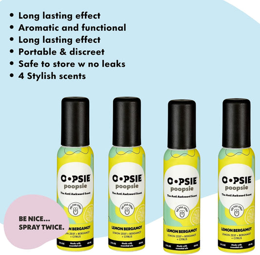 Pre Poop Spray - 4 Pack Natural Pre Poo Toilet Spray for Bathrooms, Trap Odors & Eliminate Embarrassment, 2oz Travel Size Pre Poo Air Freshener Spray (Lemon Bergamot)