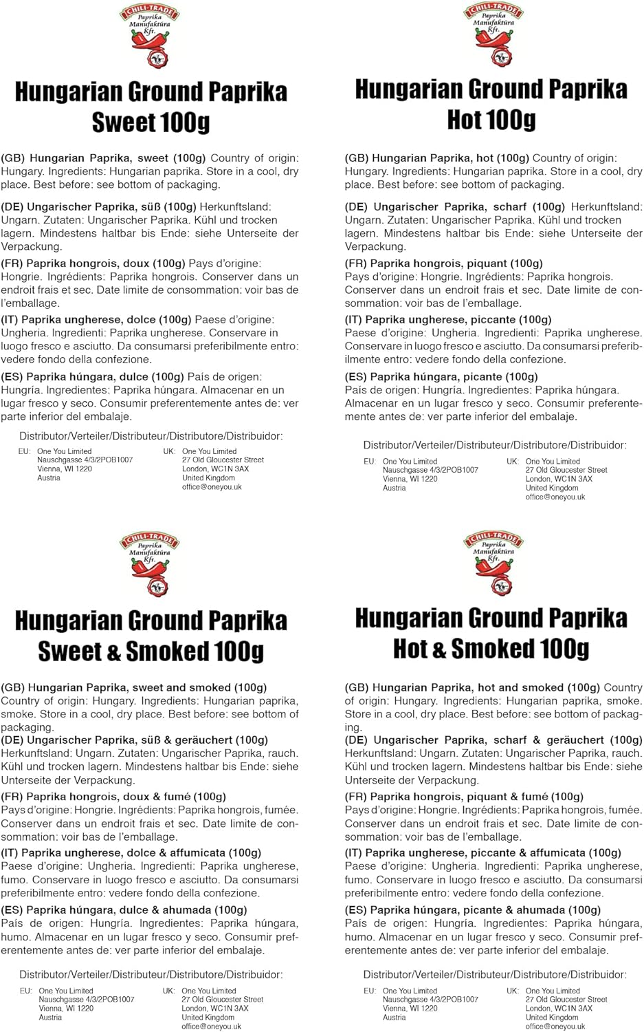 Hungarian Paprika Premium Quality Sweet/Hot/Smoked (Origin: Kalocsa,Hungary) (All 4 Taste, 4X100G)