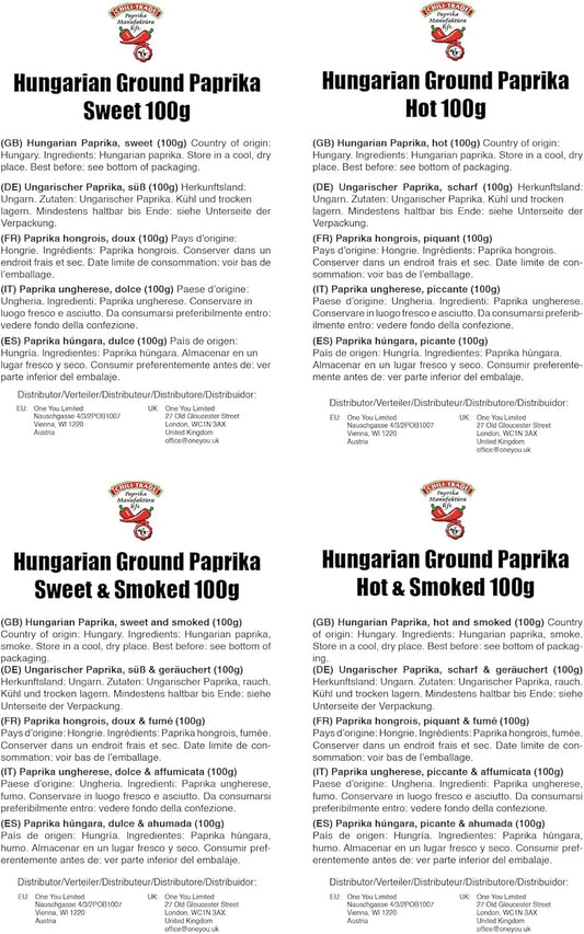 Hungarian Paprika Premium Quality Sweet/Hot/Smoked (Origin: Kalocsa,Hungary) (All 4 Taste, 4X100G)