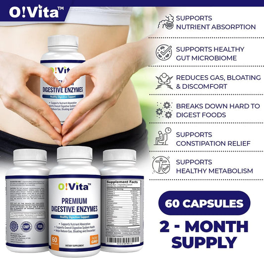 O!Vita Premium Digestive Enzymes with Plant-Based enzymes, Supports Better Digestion, Better Nutrient Absorption (60 Non-GMO Vegetable Capsules)