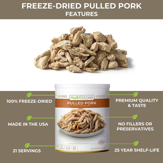 Nutristore Freeze Dried Pulled Pork | Pre-Cooked BBQ Meat for Backpacking, Camping, Meal Prep | Long Term Survival Emergency Food Supply | 25 Year Shelf Life | Bulk #10 Can | Made in USA (4-Pack)