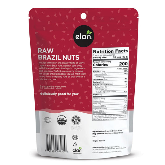 Elan Organic Raw Brazil Nuts, 6.5 Oz, Whole Nuts, No Shell, Non-Gmo, Vegan, Gluten-Free, Kosher, Healthy Snacks