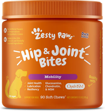 Zesty Paws Hip And Joint Supplement For Dogs - Glucosamine For Dog Joint Supplement - With Chondroitin, Msm, Vitamins C And E For Dog Joint Relief - Mobility Bites Duck – 90 Count