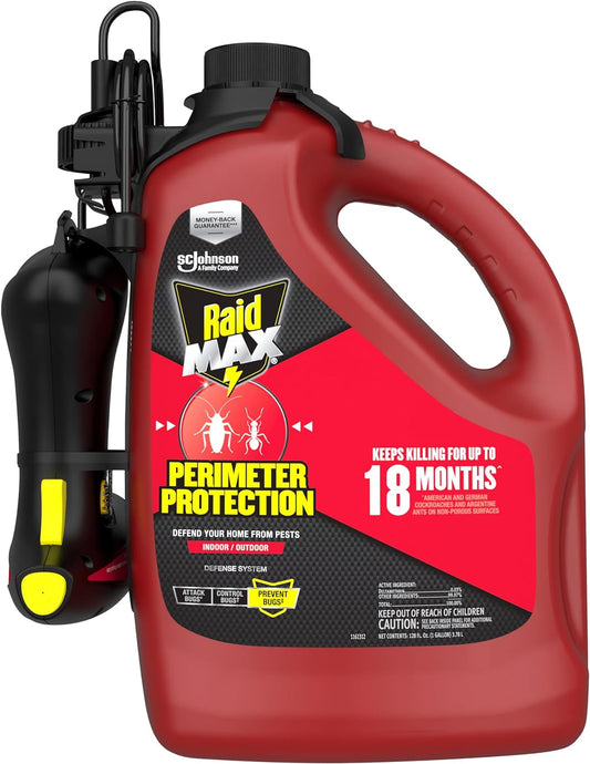 Raid Max Perimeter Protection, 1 Gallon, Indoor & Outdoor Insecticide Spray With Reusable Electric Sprayer