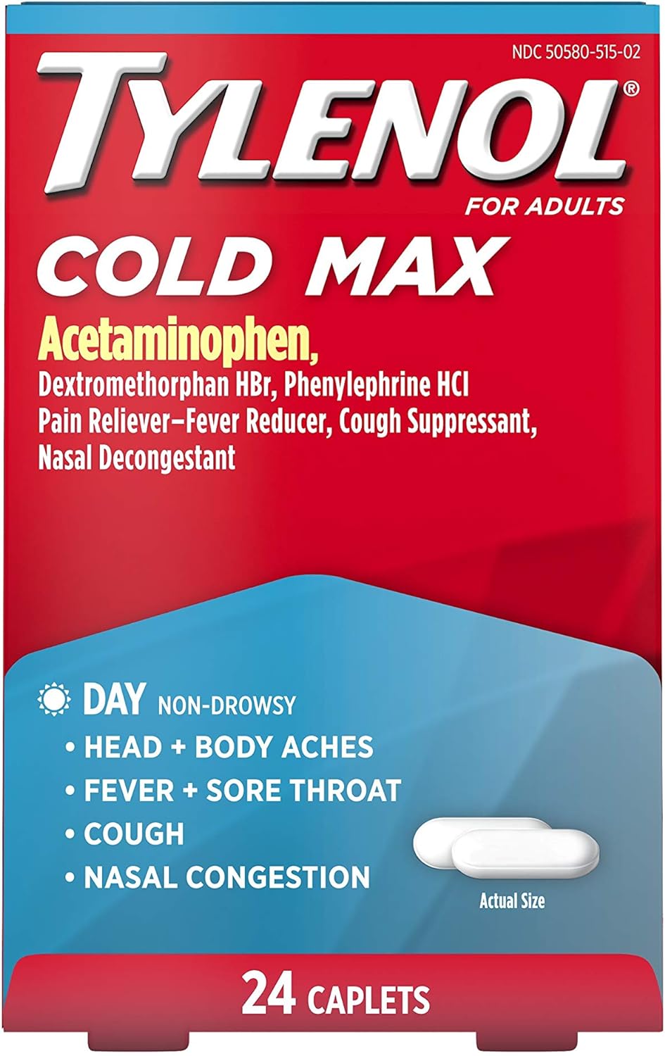 Tylenol Cold Max Daytime Non-Drowsy Cold and Flu Relief, Acetaminophen, 24 ct