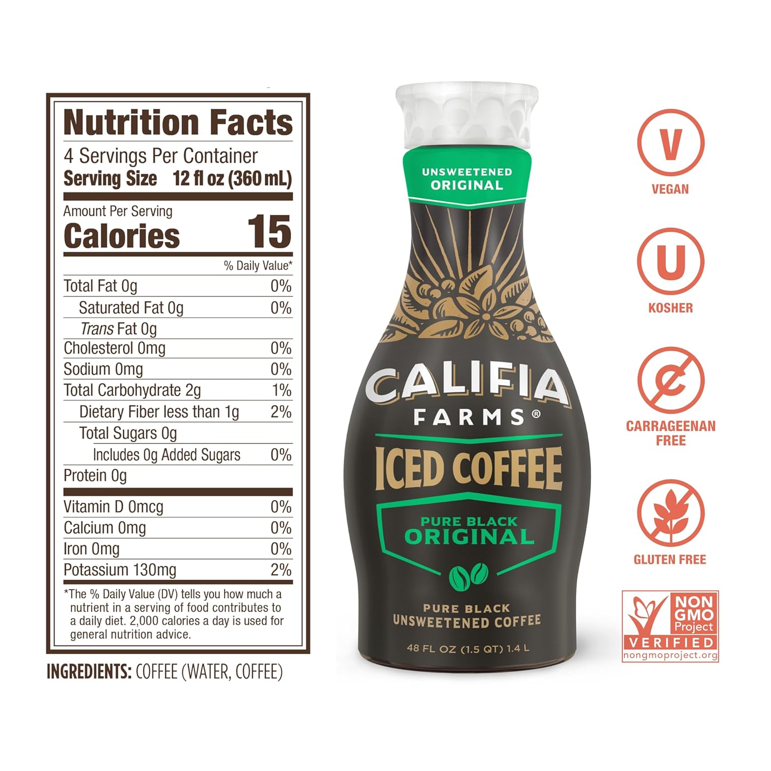 Califia Farms - Pure Black Original Iced Coffee, 48 Oz, Cold Brew Coffee, Dairy Free, Plant Based, Vegan, Gluten Free, Non Gmo, Ice Coffee, Beverage