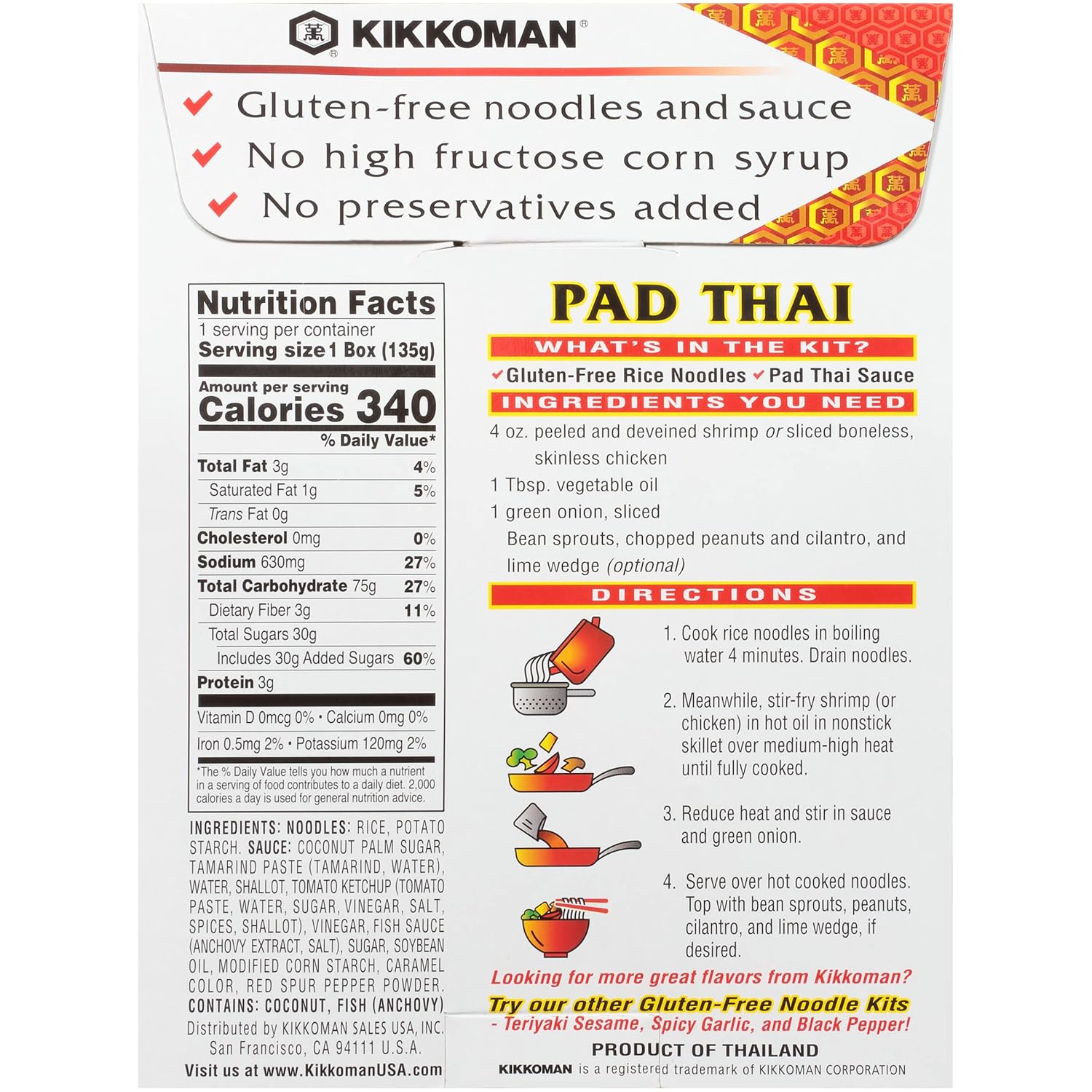 Kikkoman Pad Thai Noodle Kit, Gluten Free, 4.8 Ounces (Pack Of 6) : Everything Else